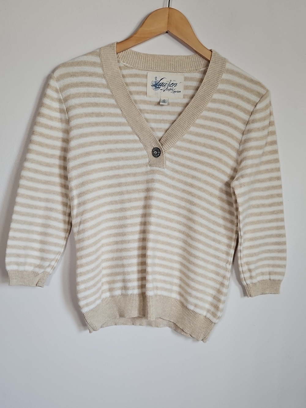 Lauren Ralph Lauren 100% Cotton M Striped Pullover Sweater V Neck Y2K Cream Tan